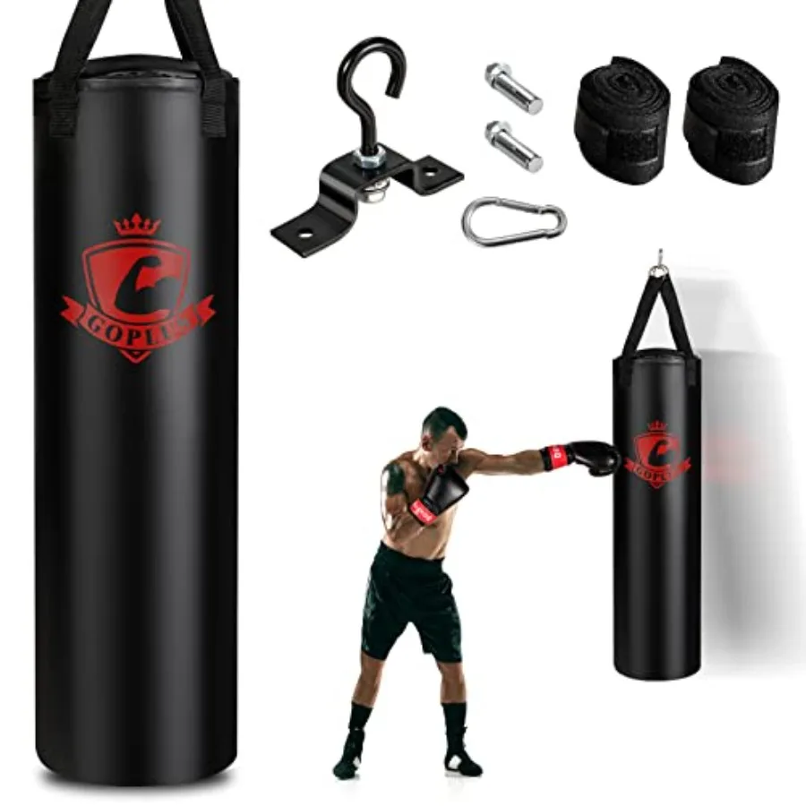Home gym punching bag set: 64LBS filled hanging bag with 12OZ gloves 95 wraps black vinyl durable for kickboxing MMA Muay Thai