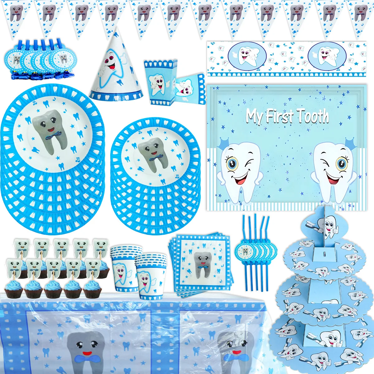 

Blue My First Tooth Theme Birthday Party Decorations Disposable Tableware Balloon Banner Cake Toppers Kid Boys Baby Shower Gifts