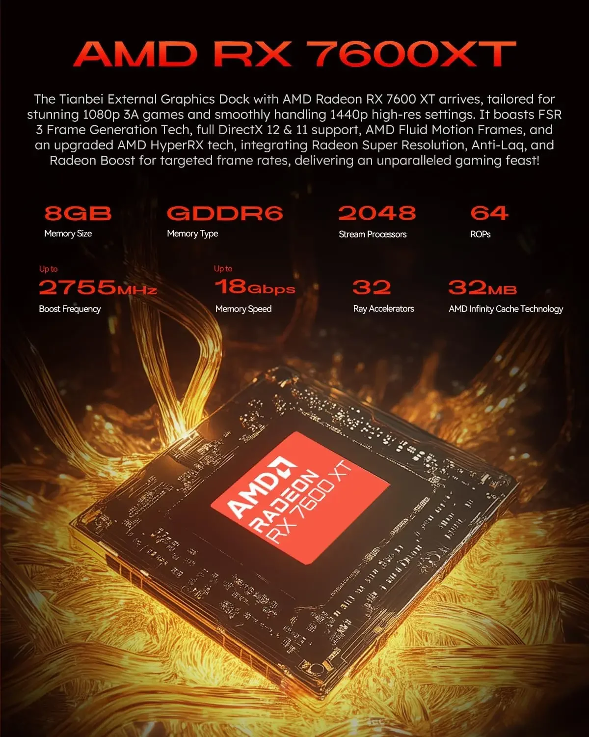 RDNA3 العمارة 2300MHz OCulink PCI4.0x4 USB4 240W PC إمدادات الطاقة AOOSTAR EGPU بطاقة الرسومات RX 7600XT 8GB GDDR6