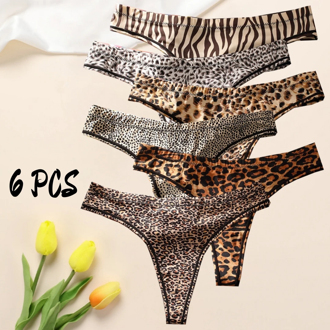 6 Piece Thong Sexy Seamless Low Waist Cotton Crotch Girls' Pants Sports Yoga T Pant Ice Silk leopard European and American style