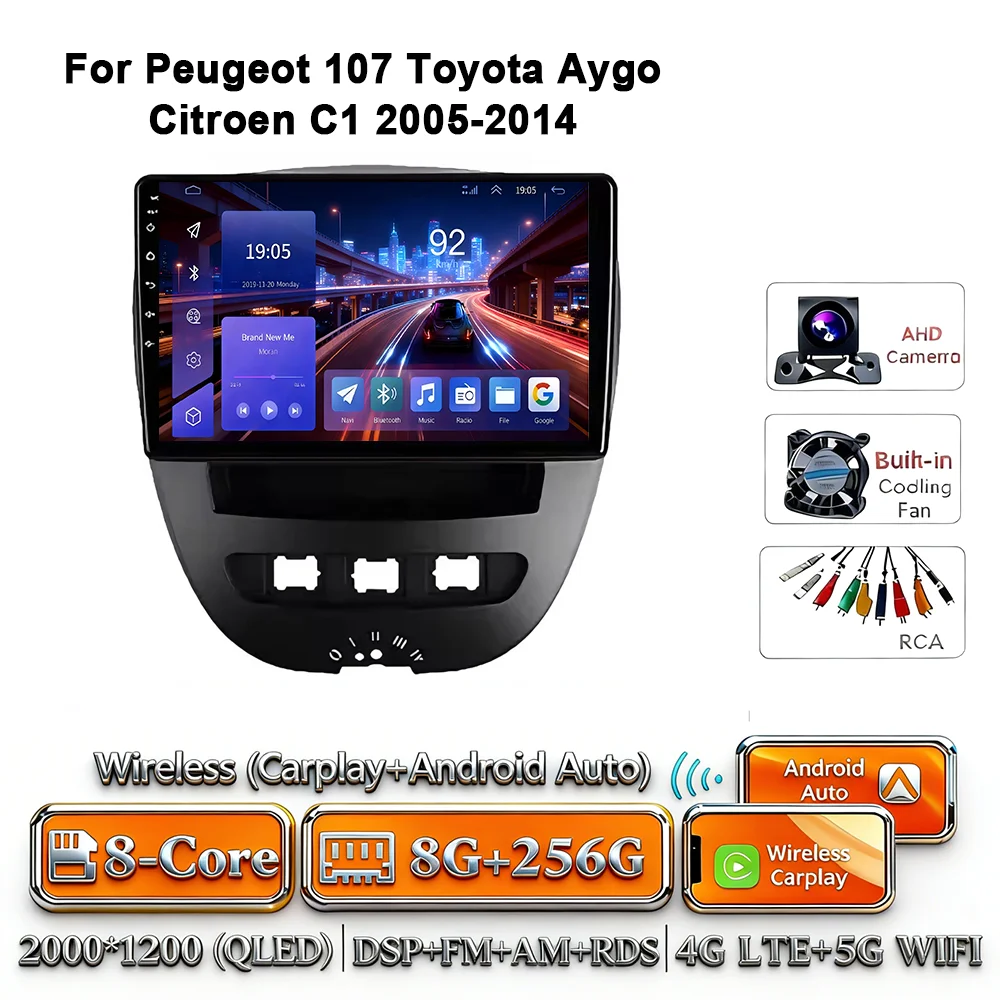 Android 17 Carplay Auto 4G WIFI autoradio voor Peugeot 107 Toyota Aygo Citroen C1 2005-2014 GPS BT DSP touchscreen multimedia - afbeelding 1