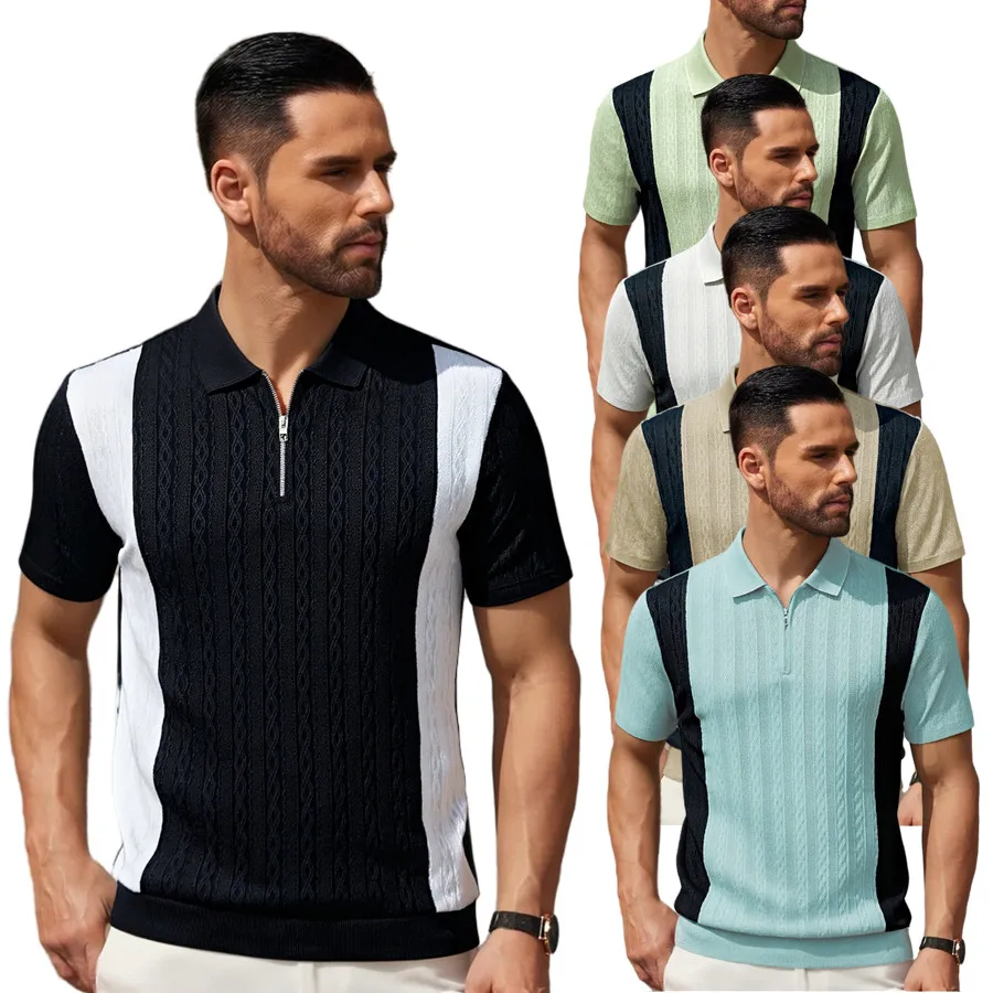 Summer Men's Zipper Design Splicing Polo Shirts Short Sleeve Breathable Casual Lapel Collar Streetwear Fashion Top
