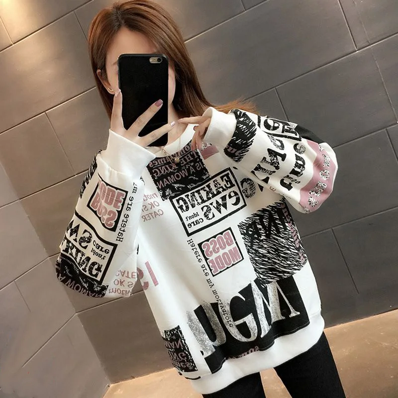 Fashion Printed Letter Loose Korean Sweatshirts Female Clothing 2023 Autumn Oversized All-match Pullovers Casual Sweatshirts