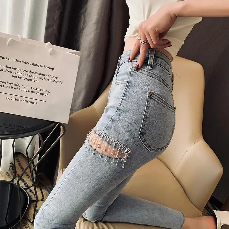 Trendy High-waisted Blue Jeans Women's Cropped Pants Outer Wear Thin Tight Slimming Dress Casual Style Fashion Blue Denim