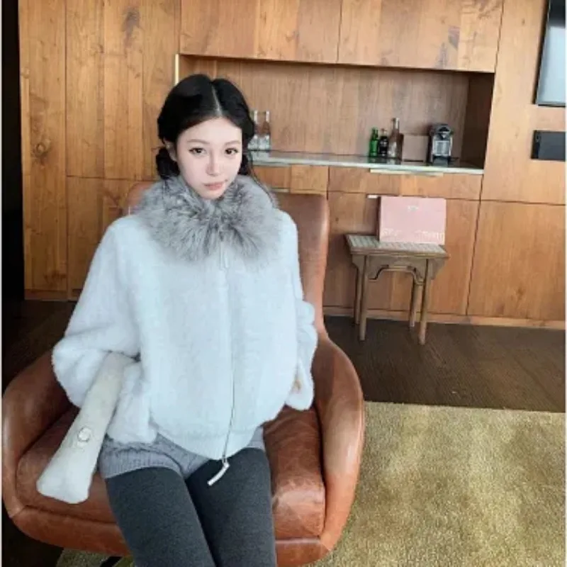 Women Faux Fur Jacket Fleece Lined Lapel Collar Cropped Warm Zip Up Winter Outerwear Coat