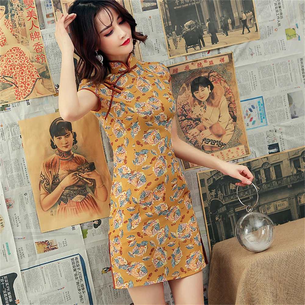 

New Women Spring Summer Improved Fashion Slim Short Chiffon Cheongsam Chinese Style Low-slit Soft Qipao Dress Girl Daily Vestido