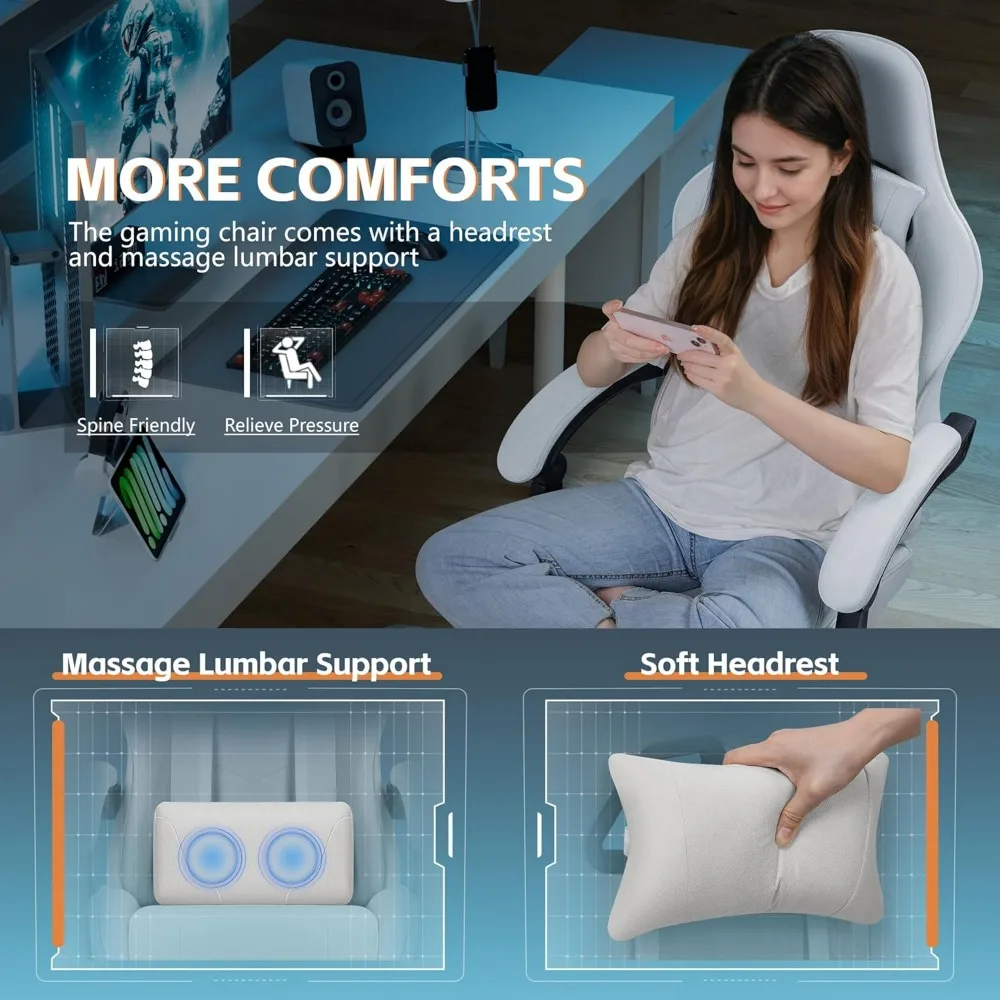 كرسي ألعاب مريح لدعم قطني للتدليك مع مسند قدم قابل للتعديل ومسند للرأس لجلسلات ألعاب الفيديو المريحة