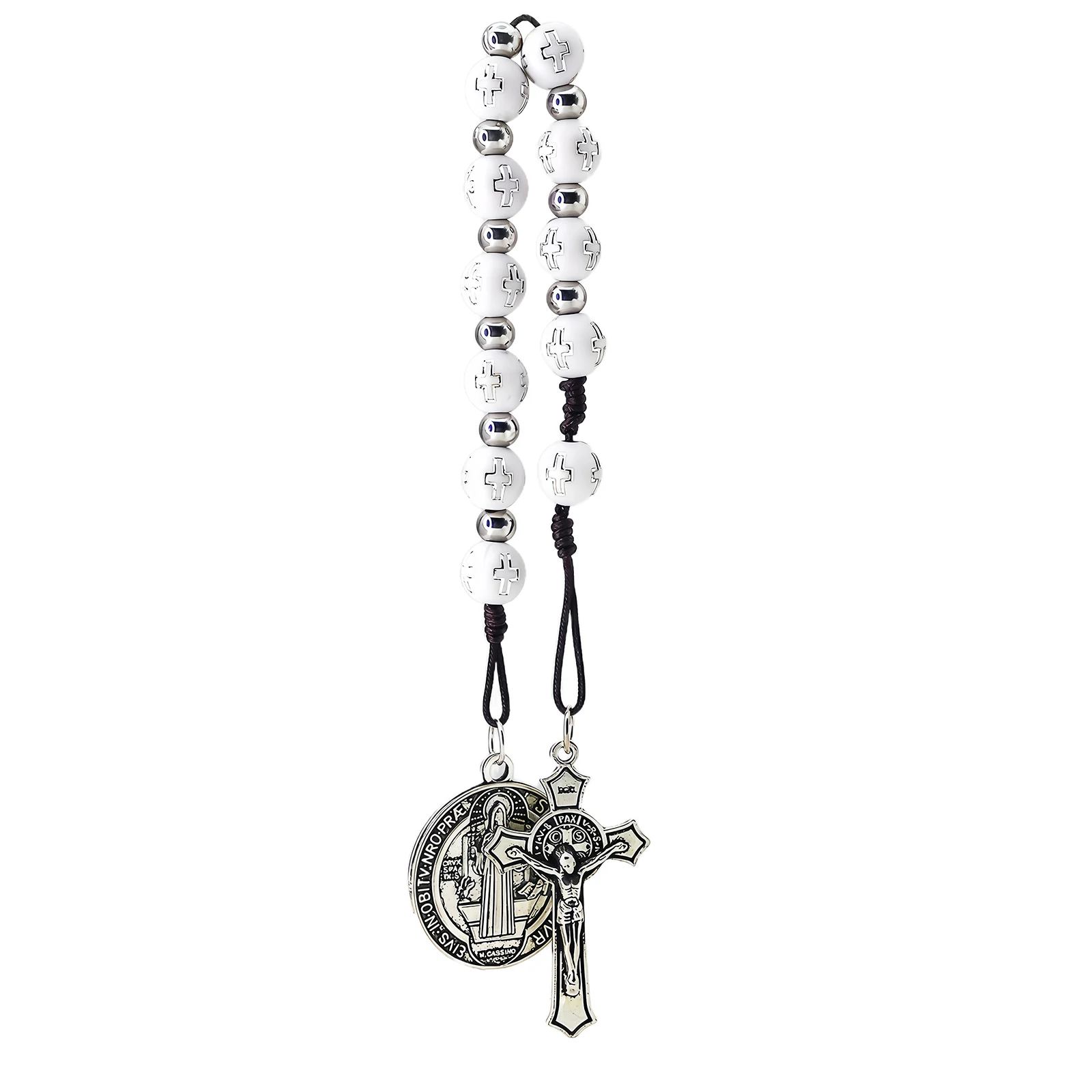 Saint Benedict Medal Prayer Pocket Rosary Catholic Cross white Beads with Saint Benedict Medal and Crucifix, 9 Inch