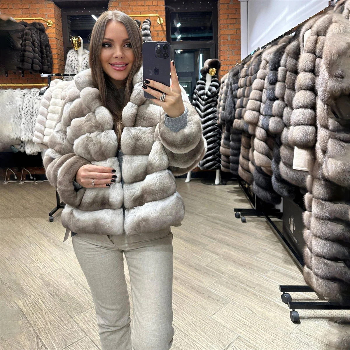 Khaki Womens Luxury Real Rex Rabbit Fur Coat Winter Natural Fur Warm Outwear Fashion Elegant Chinchilla Thick Overcoat