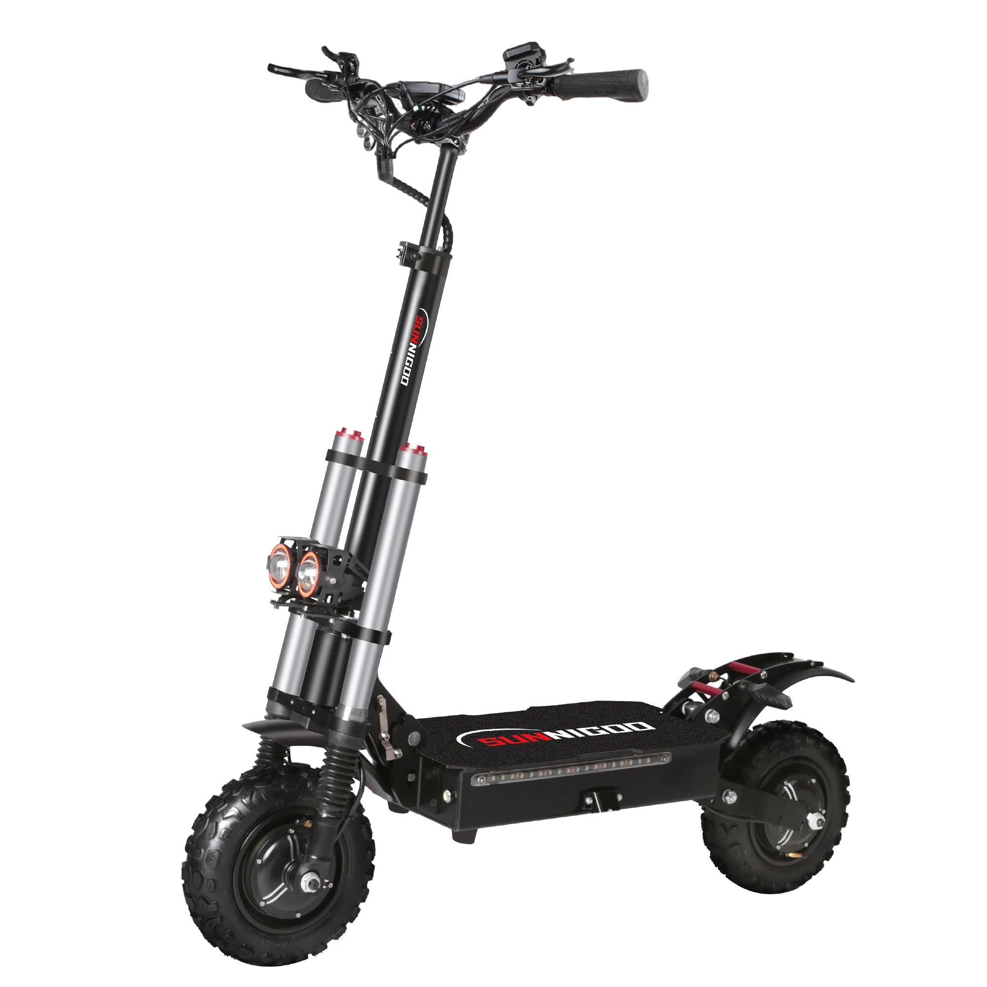 SUNNIGOO X10, 6000W Elektroroller mit Doppelmotor, 80 km/h Höchstgeschwindigkeit, 60V 38Ah Lithium-Batterie, 11" Offroad-Reifen, hydraulische Bremsen, doppelte hydraulische Federung, 150 kg Traglast,