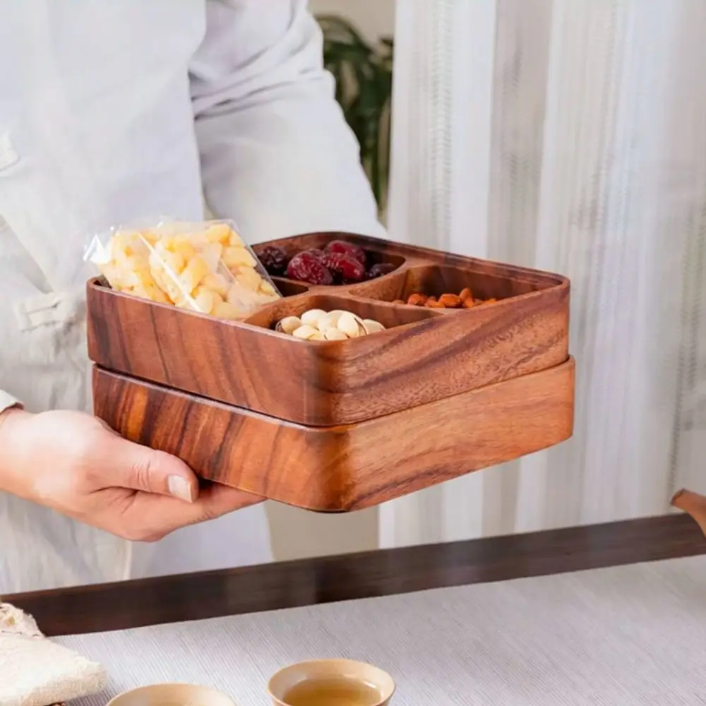 Functional Walnut Wood Snack Dish Four Grid Serving Tray Minimalist Wooden Organizer For Home Kitchen Food Plate
