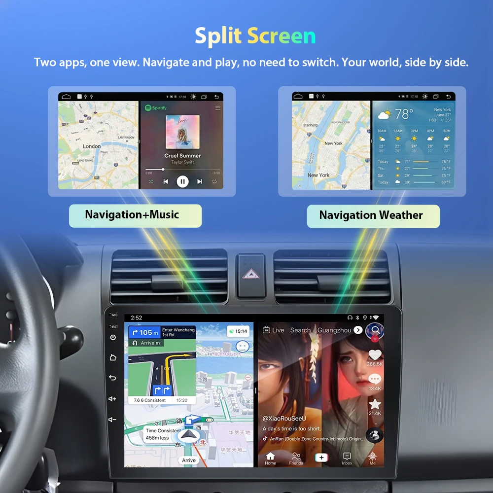Podofo 9'' kabelloses Carplay- und Android-Auto-Radio für Suzuki Jimny 2007-2012, Autoradio, GPS-Navigation, BT, FM/RDS, 2-DIN-Auto-Intelligenzsystem, Plug&Play-Hauptgerät, SWC,
