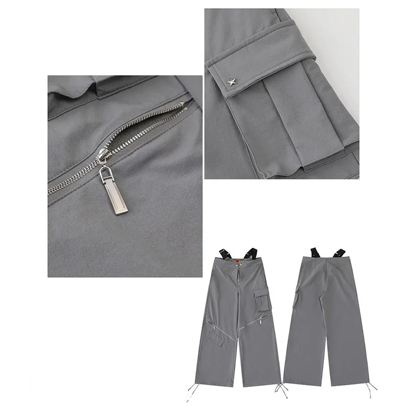 Multi Pocket Cool Girl Hollow Out Y2K Grey Cargo Pants Women American Style Zipper Two Wears Design Women\'s Versatile Trousers