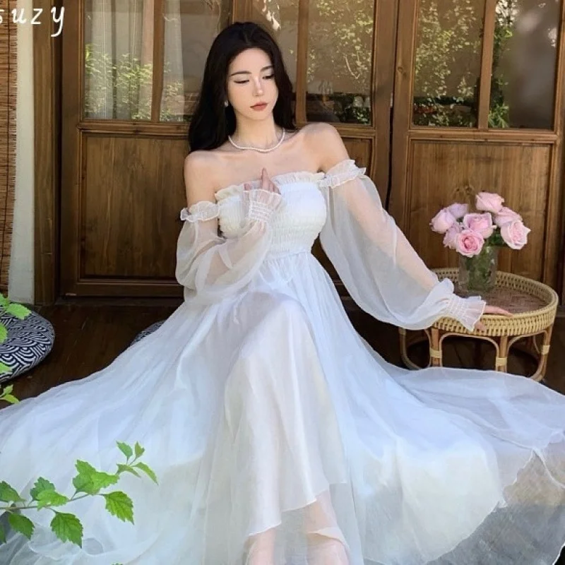 Gaun Pantai Wanita Satu Bahu Lengan Panjang Berpinggang Ramping Bahan Polyester Ringan Model Maxi Kasual untuk Liburan