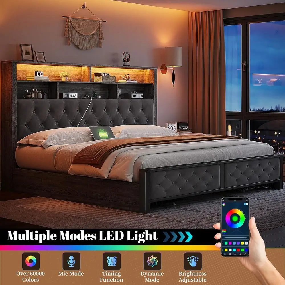 إطار سرير كينج رمادي مع لوح رأسي منجد، 4 أدراج، محطة شحن، أضواء LED، لا حاجة إلى صندوق زنبركي