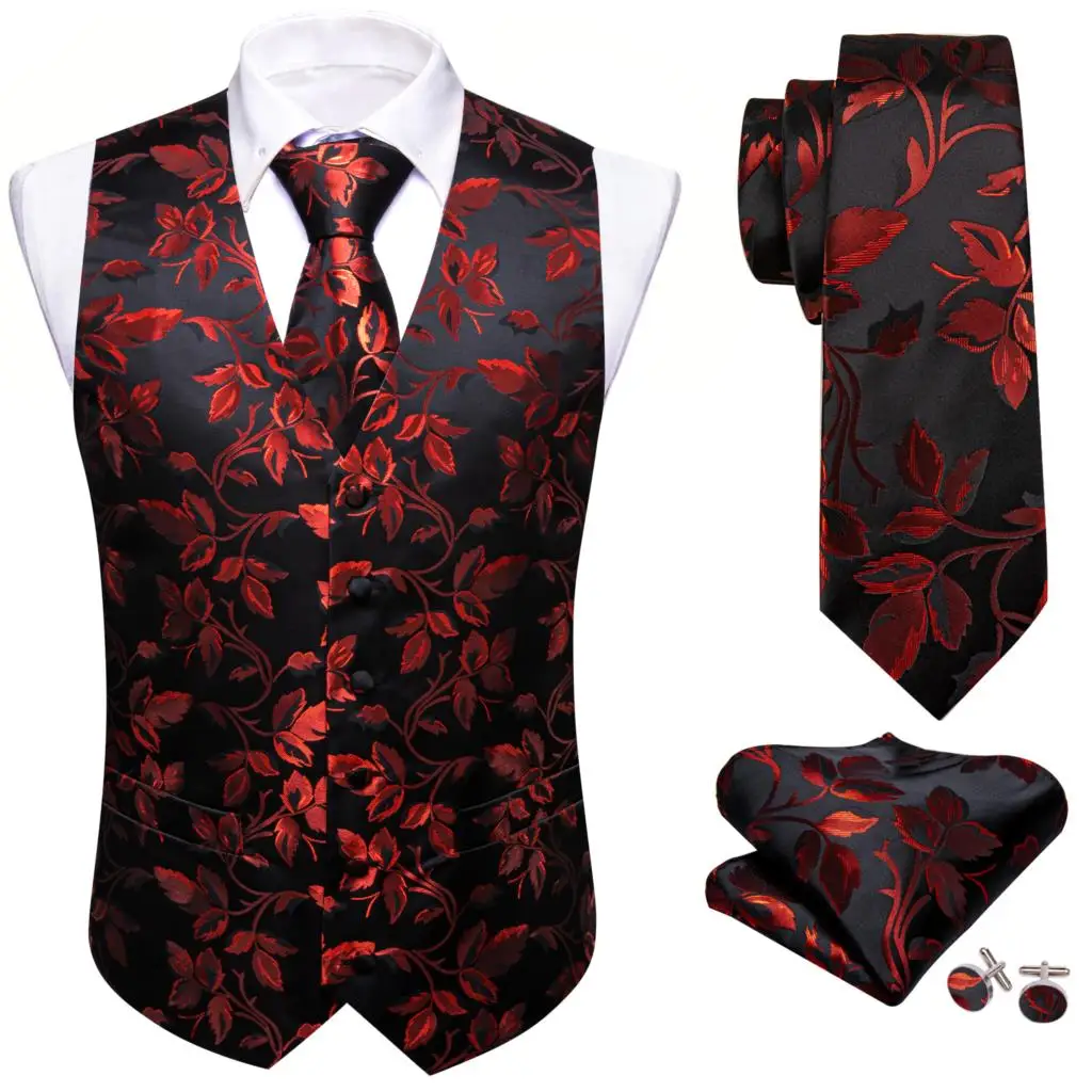 Elegant Silk Vest for Men Red Black Leaves Slim Fit Waistcoat Tie Hanky Cufflinks Set Wedding Business Formal Party Barry Wang