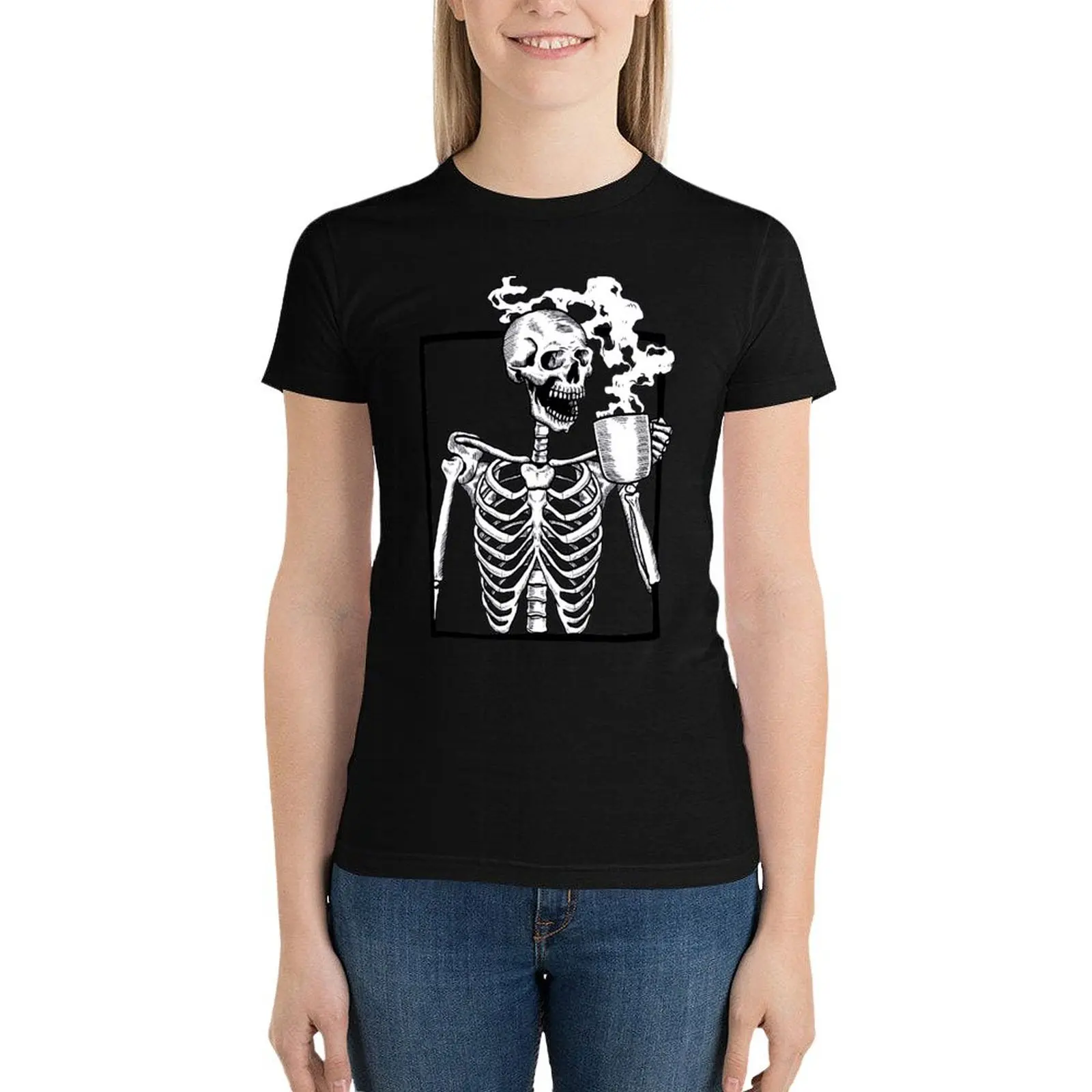 

halloween skeleton drinking coffee funny T-Shirt kawaii clothes cute clothes black t shirts for Women