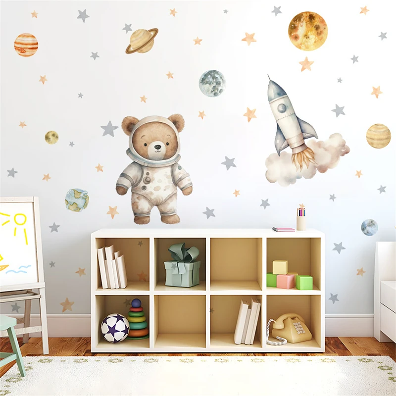 Cartoon Bear Astronaut Space Wall Sticker Baby Room Decoration Rocket Stars Decal Kids Room Bedroom Boy Children Wallpaper Mural