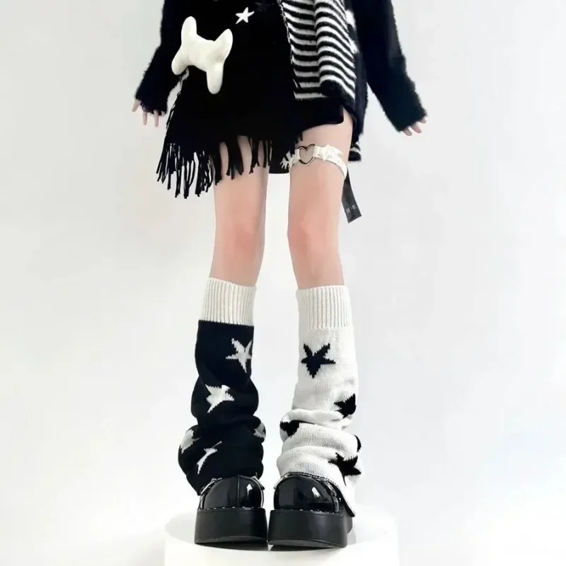 Y2K Punk Knitted Leg Warmers Star Gothic Cross Harajuku Women Heart Two Side Wear Loose Fit Leg Covers Sock JK Thigh High Lolita