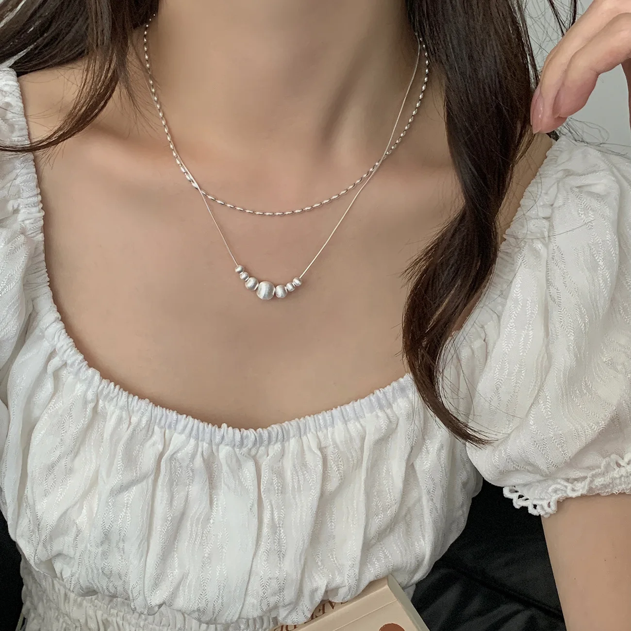 F.I.N.S S925 Sterling Silver Brushed Beaded Necklace Women Fashion Collarbone Snake Chain Round Balls Pendants Fine Jewelry