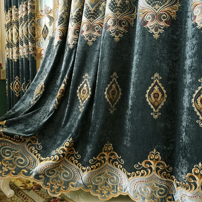 Retro Print Luxury Grace Light Luxury Blue Chenille European Embroidery Curtains For Living Room Bedroom Dining Custom Size