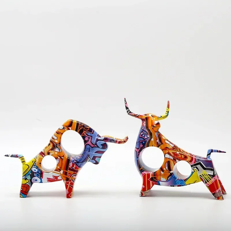 Creative Art Colorful Graffiti Color Bullfighting Resin Crafts Home Decoration Bedroom Living Room  Water Transfer Animal Modern