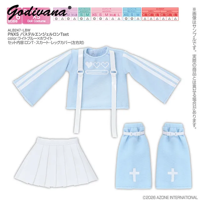 Azone 1/6 Special 1/6 BJD Doll Clothes Sweet Heart Print Long Sleeve T-shirt and Cute Pleated Skirt Leg Warmers Three Pieces Set