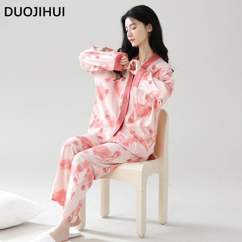 

DUOJIHUI Contrast Color Sweet Loose Pajamas for Women Classic V-neck Cardigan Simple Casual Pant Fashion Female Soft Pajamas Set