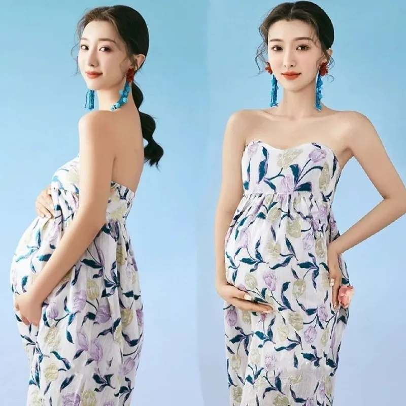 Maternity Photography Tube Top Dress Baby Shower Dress Pregnant Woman Flower Printed Dress Photo Shoot Sleeveless Long Dress