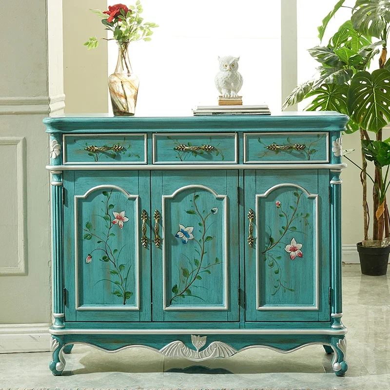 American European furniture country retro light blue white brown activity baffle multi-layer shoe cabinet entrance side cabinet