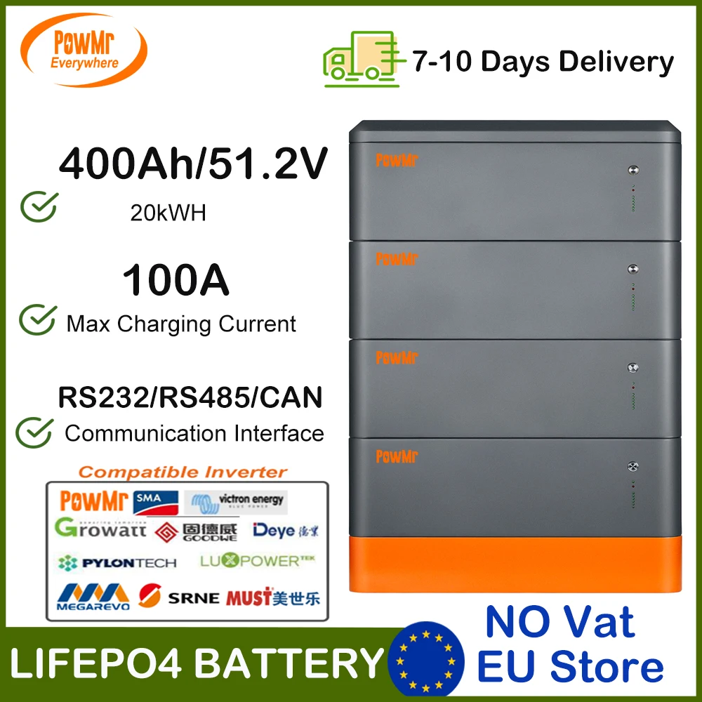 PowMr 400Ah 51.2V Stackable Energy Storage LiFePO4 Battery 20kWH 6000 Cycles Fit For Solar Power Station CAN RS232/RS485 BMS 16S