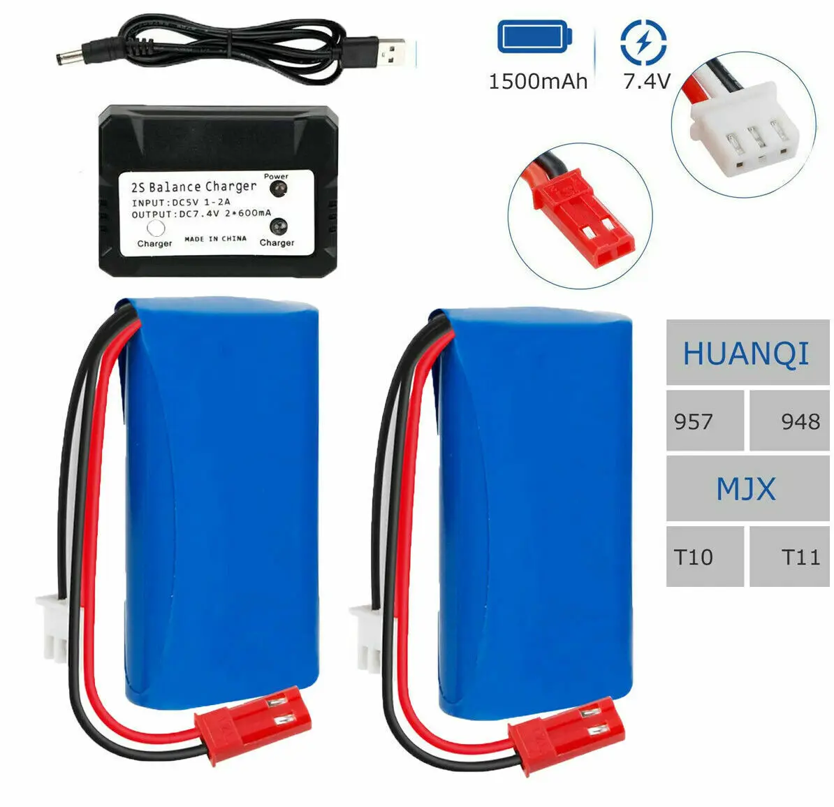 2Pcs 1500mAh 7.4V Li-ion Battery w/ JST Plug for RC Car Boat Helicopter MJX T10