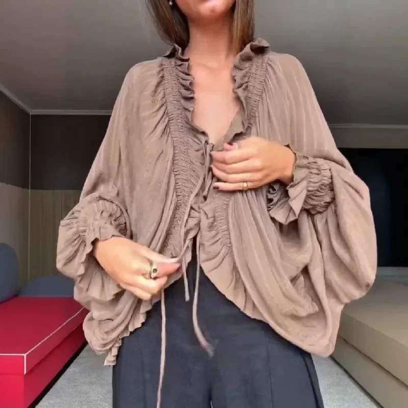 New Fashion Brown V‑Neck Flowy Blouse Women Tie Front Ruffle Long Sleeve Casual Party Shirt 2026 Spring Autumn Trendy Streetwear 4