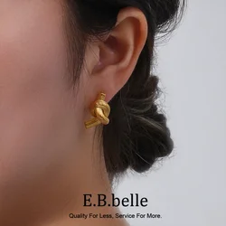 E B belle Official Store Stainless Steel Texture Knot Stud Earrings For Woman Ladies 18K Gold Plated Statement Earring