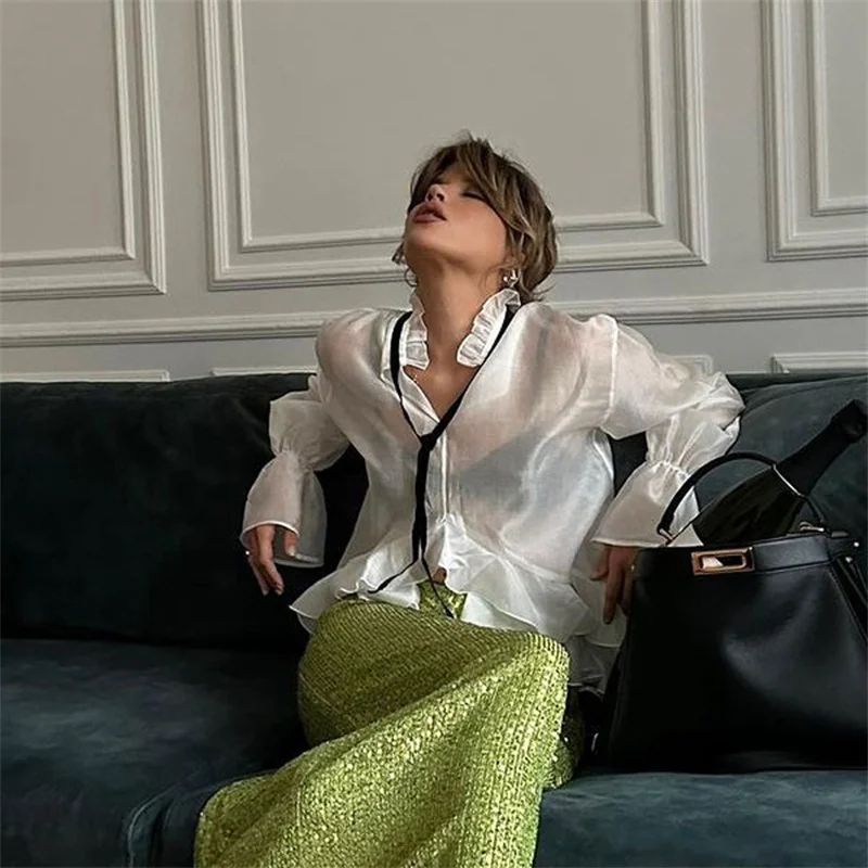 Clothland Women Sweet Ruffled Oversized Shirt Loose Style Flare Sleeve Loose Shirt See Through Tops Mujer LB274