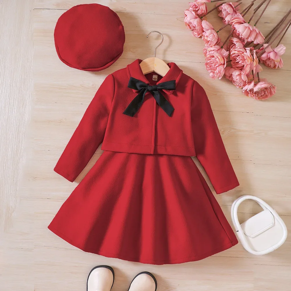 Autumn and winter new children's wear festival red 3-piece winter solid color coat suspenders skirt + hat fashion girls' suit