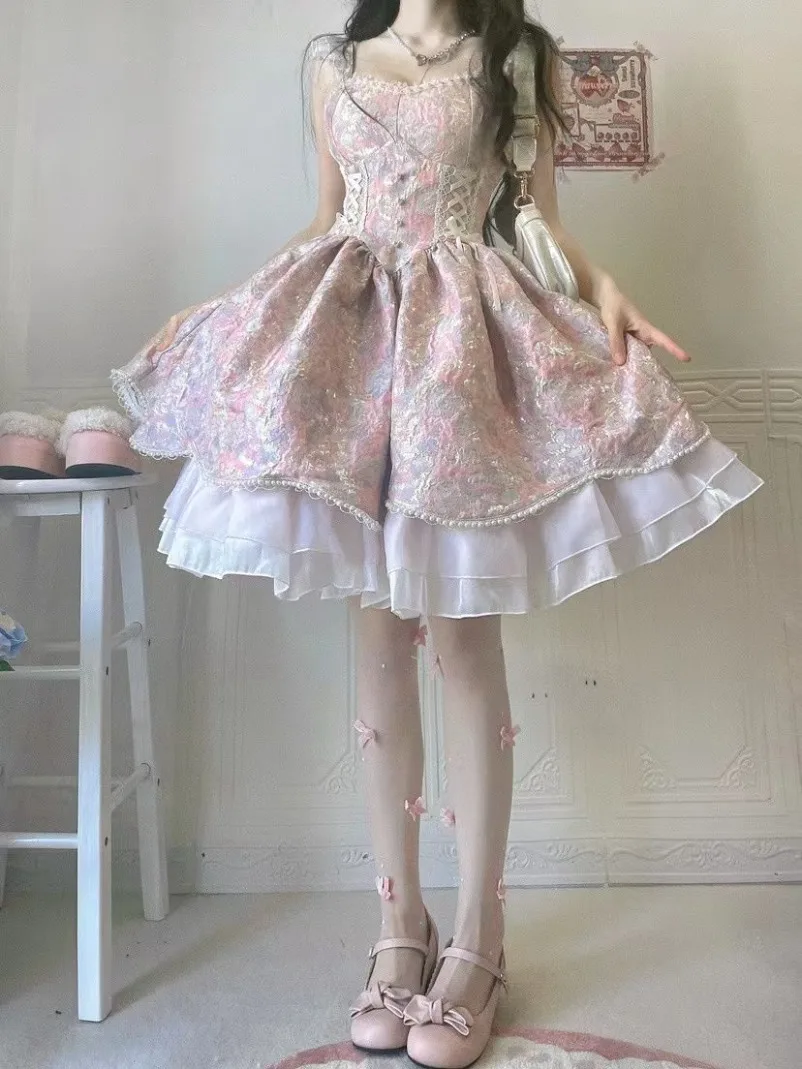 New Japanese Lolita Women Evening Party Clothing Birthdays Cosplay Dress Kawaii Short Sleeve Lace-up 2000s American 2025 Vintage