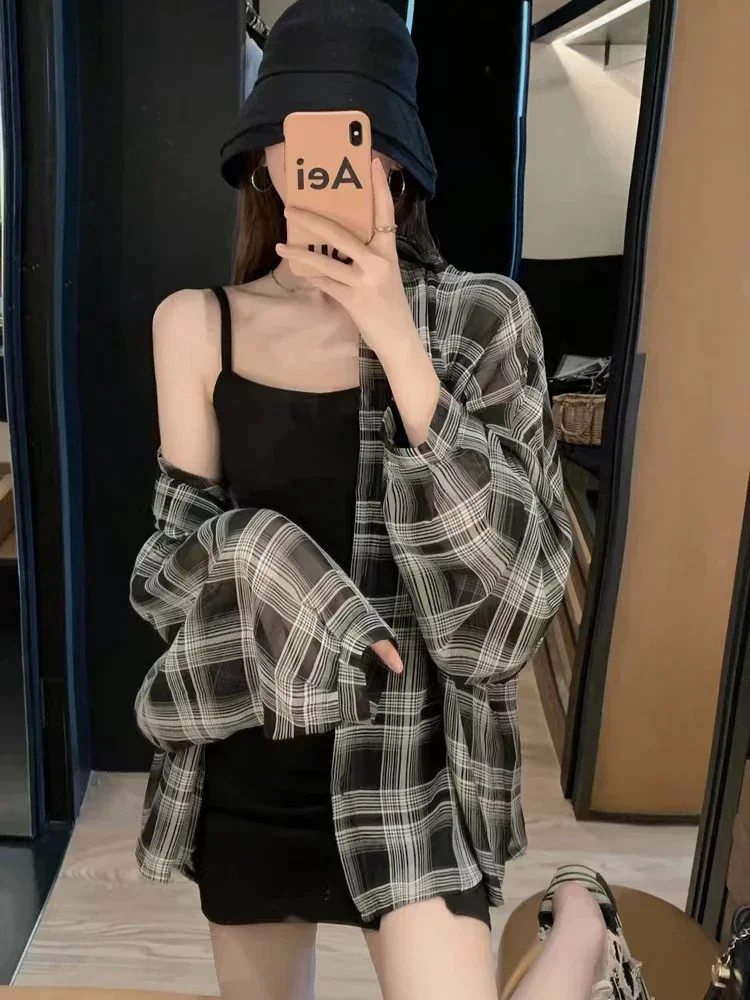 

Summer New Women's Fashion Versatile Sunscreen Shirt French Casual Loose Plaid Holiday Elegant Women Long Sleeve Thin Shirt