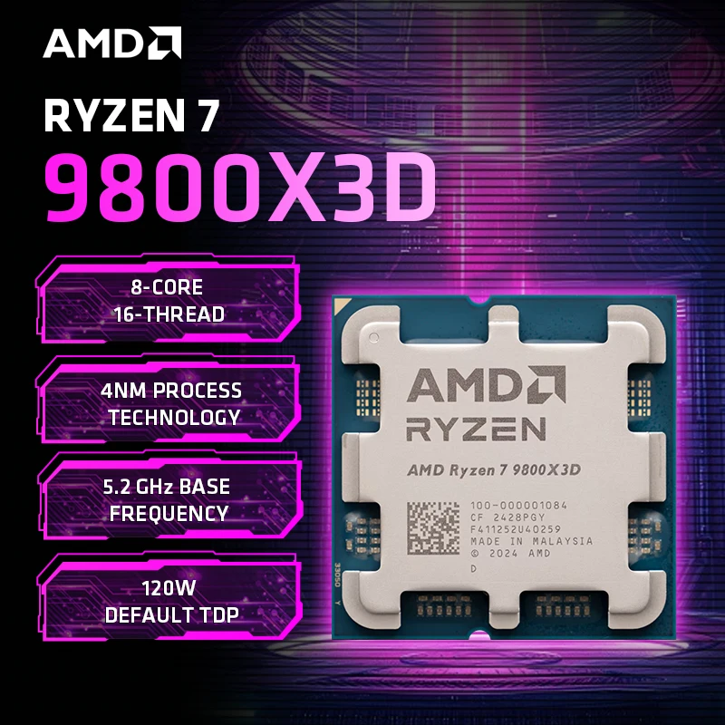 

AMD Ryzen 7 9800X3D 100% Brand New AMD R7 9800X3D Max Boost 5.2GHz 8-Core 12-Thread 64MB Cache AM5 without Box for B850 X870