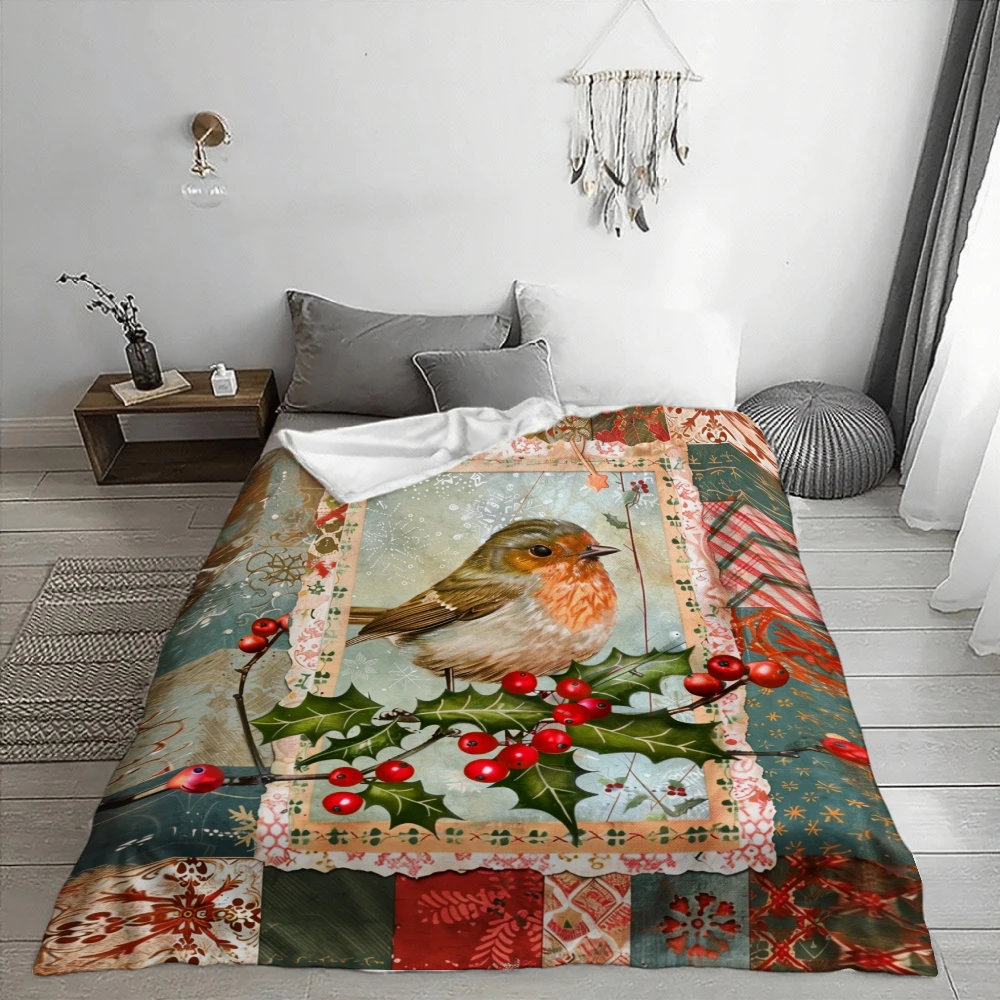 Vintage Robin And Holly Patchwork, Christmas Gift for Bird Lovers, Soft Cozy Blanket, Festive Home Decor, Multi-Purpose Throw