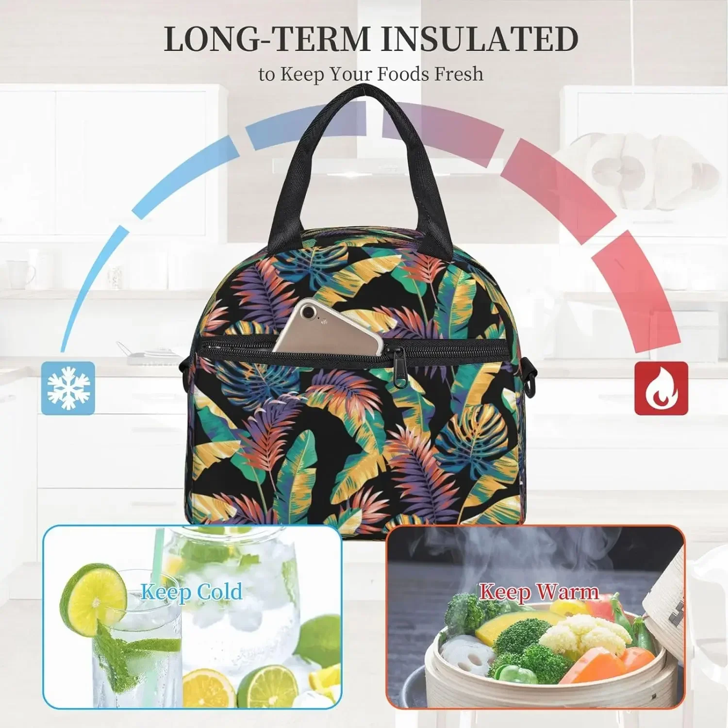 Sac à Déjeuner Hawaïen avec Feuilles de Palmier et Plantes Tropicales, Isolé avec Sangle Initiale Réglable, Réutilisable, pour Femme et Homme