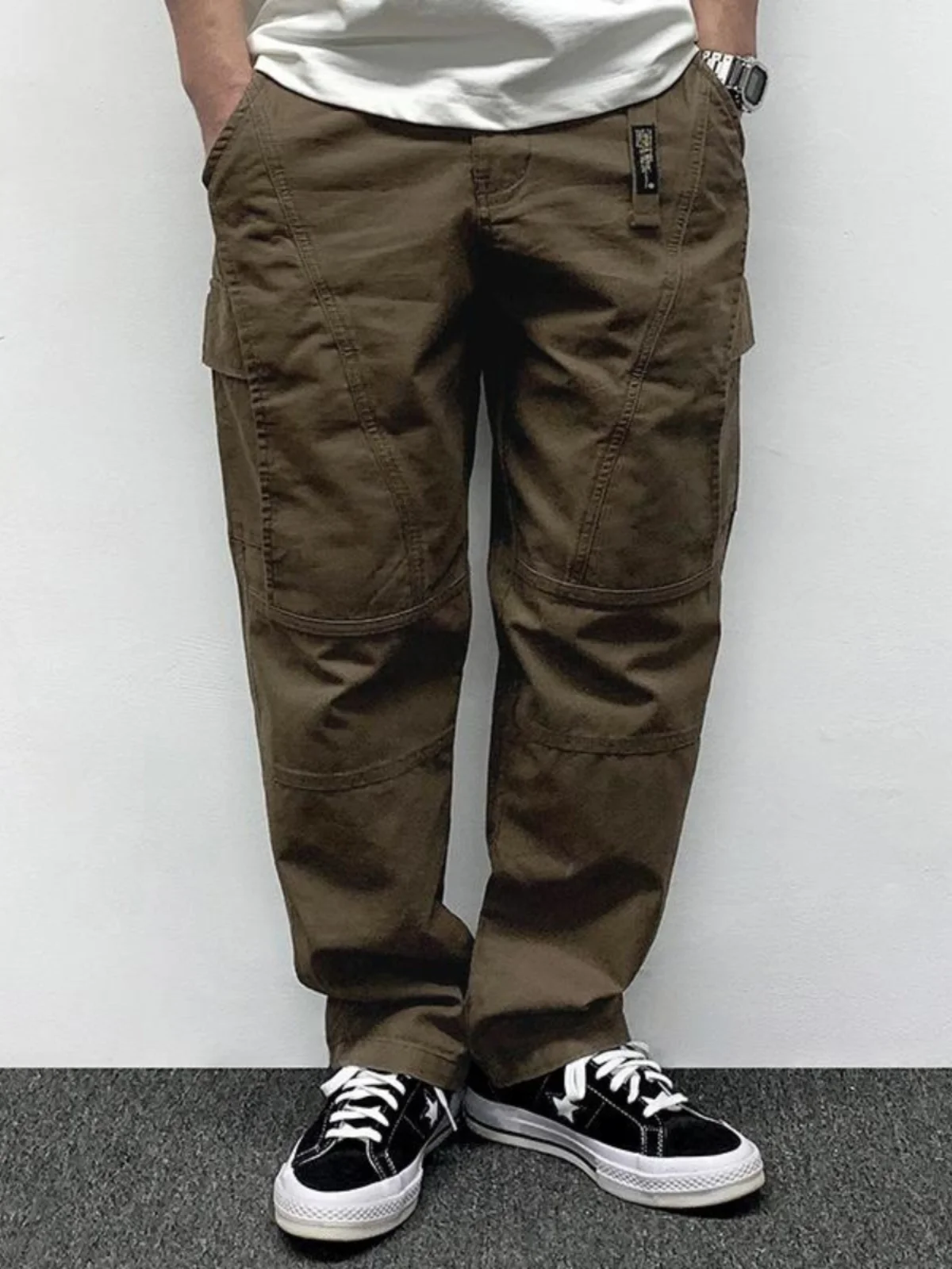 

Retro Japanese Sle Men's Work Pants Multiple kets Deep Crotch Spring Autumn Pure Cotton Straight Loose Cone Casual Pants