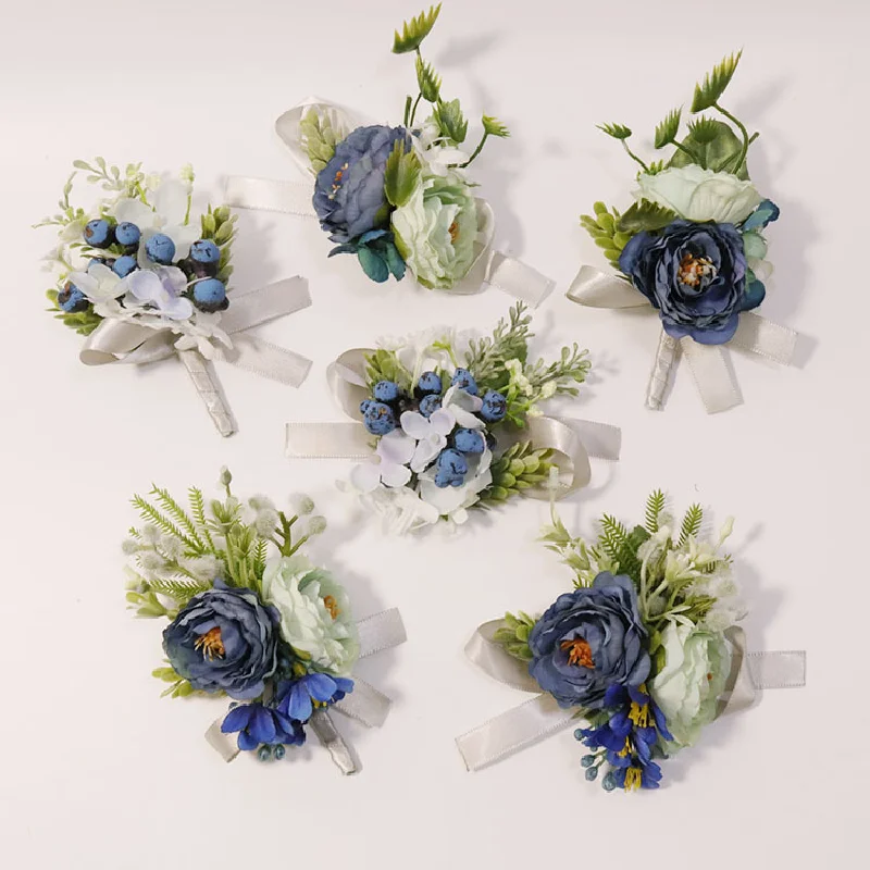 Corsage boutonniere e pulso para convidados, branco e azul fresco, estilo ocidental, estilo floresta, festa de banquete, suprimentos do casamento