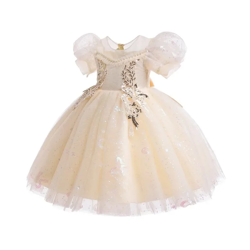 Embroidery Dress for Girls Beaded Short Sleeve Children's Party Gown Bridesmaid Holiday Formal Clothing for Kids