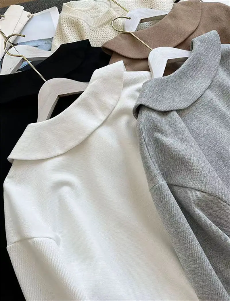 Yasuk Summer Casual Ruffle Neck  T-Shirt Female Pullover Women Blouse Simple School Student Loose Soft Long Sleeve