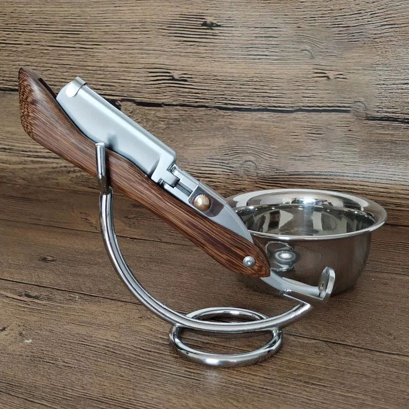 Homens navalha reta borda de madeira aço inoxidável barbeiro navalha barba barbeador madeira dobrável aço inoxidável barba barbeador para homem