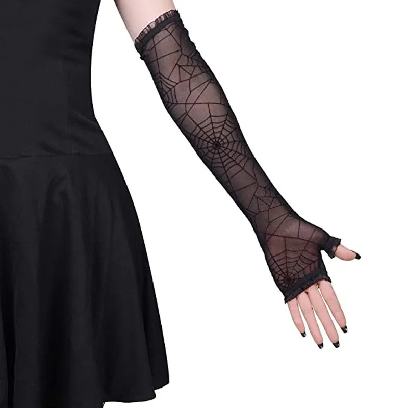 Sexy Lace Gloves Halloween Spider Web Mulheres Metade do Dedo Braço Mangas Verão Longo Oco Malha Fingerless Driving Sunscreen Mittens