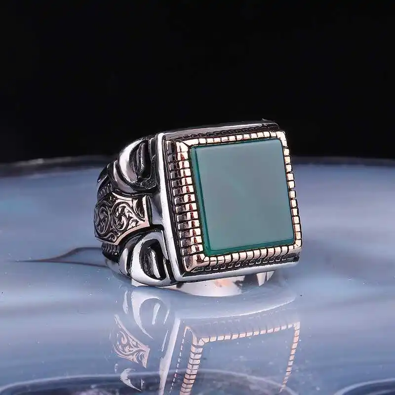 ​Silver Square Green Agate Stone Men's Ring - 925 Sterling Men's Jewelry Wedding Birthday Gift - Box - Stone - For Man - Fashion - Botiva - Size - Turkish - Patterned Embroidery