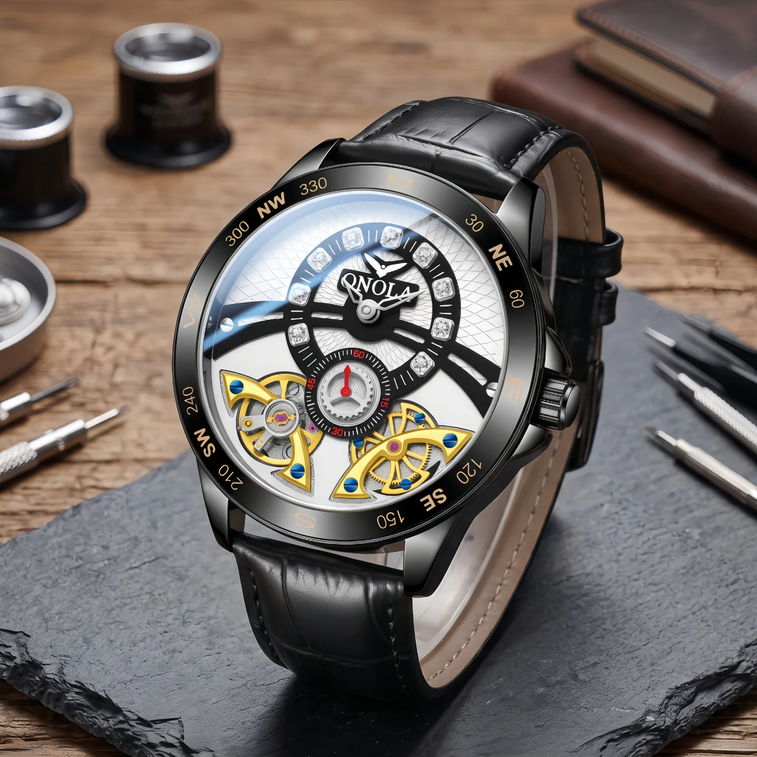 ONOLA Men's Automatic Mechanical Watch Alloy Case with Compass Bezel, Dual Rotor Skeleton Dial, Daily Wear