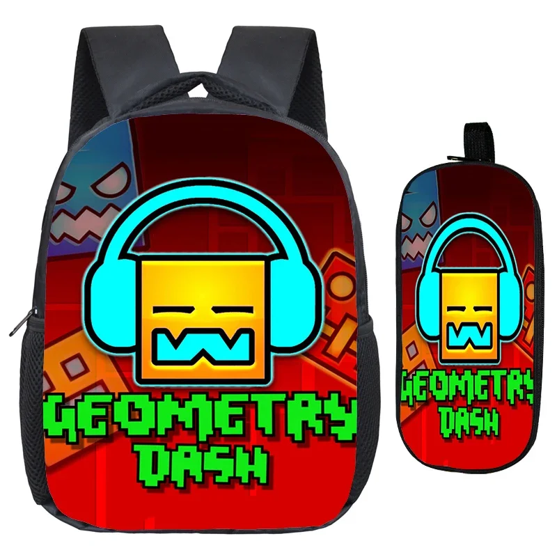 Angry Geometry Dash Backpack 2pcs Set Kids School Bags Kindergarten Backpack for Preschool Boys Girls Cartoon Bookbag Pencil Bag